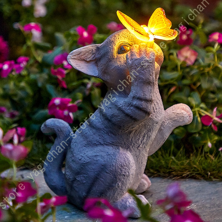 猫置物 ソーラーオーナメント LED 置物庭 ガーデンニング雑貨 ネコ
