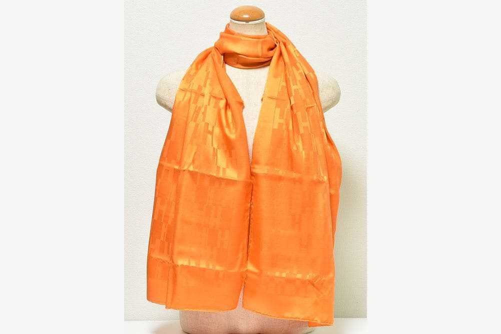 HERMES エルメス　シルクシフォンショールH柄フリンジ付き HERMES（エルメス） H柄 ストール スカーフ シルク ウール オレンジ