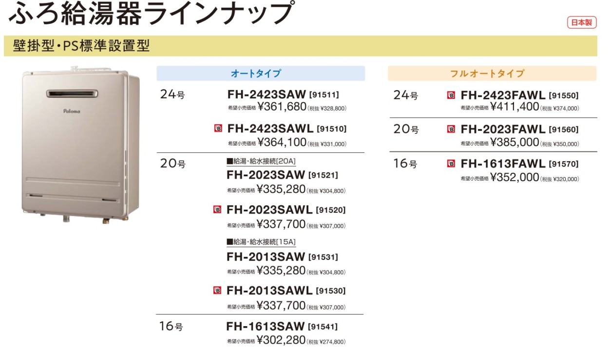 FH-1613SAW-13A 壁掛型 PS標準設置型 16号 オート 従来型 ガス給湯器 リモコン別売 パロマ 給水接続15A