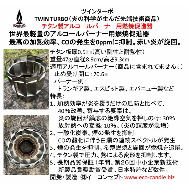 TWIN-TURBO ツインターボ チタン製アルコールバーナー用燃焼促進器 TT
