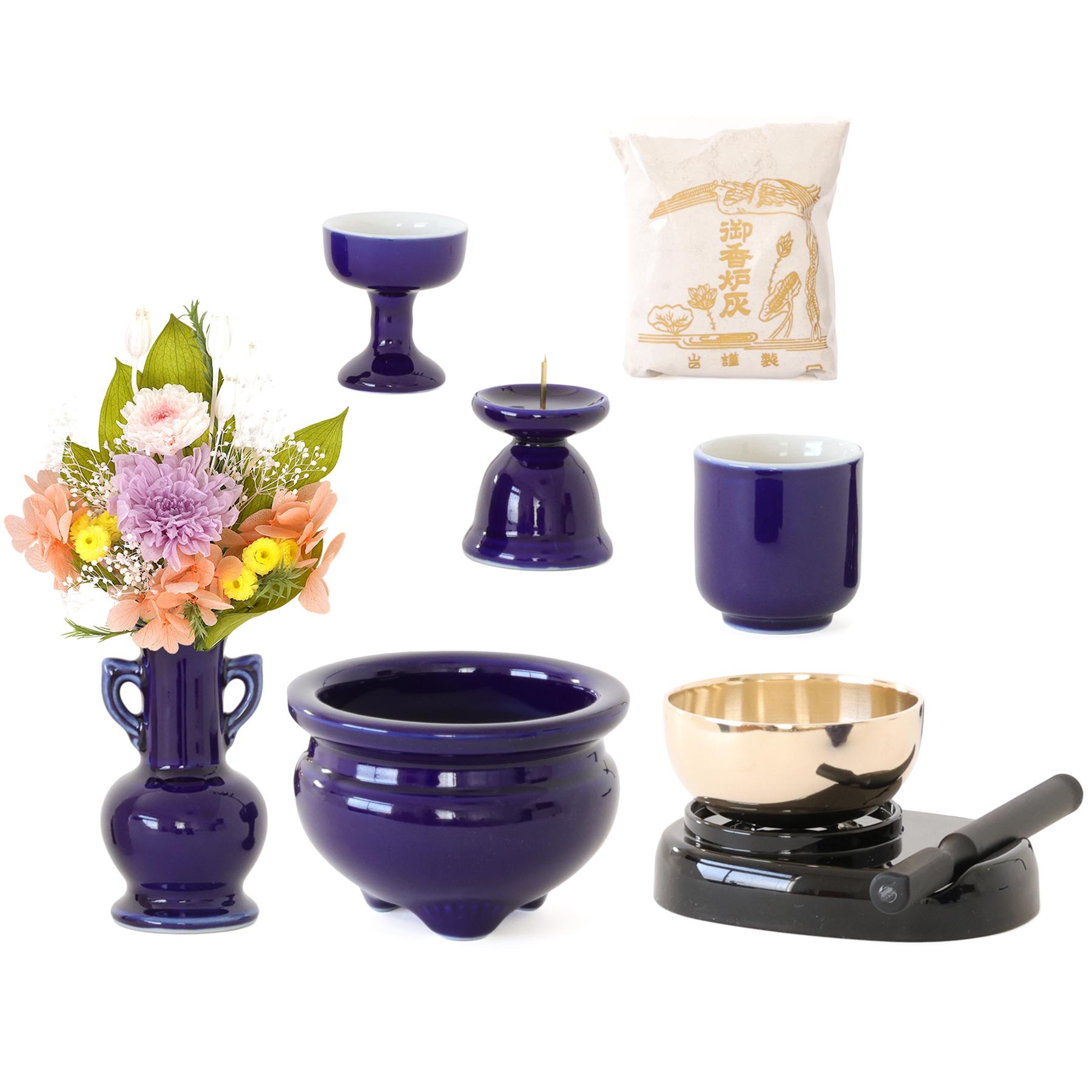 仏具 仏具セット ミニ 陶器5点 瑠璃 ルリ 無地 おりん 3点 香炉灰 選べる2色 プリザーブド仏花付き おしゃれ モダン 国産 日本製 仏壇セット お盆 お墓参り_1