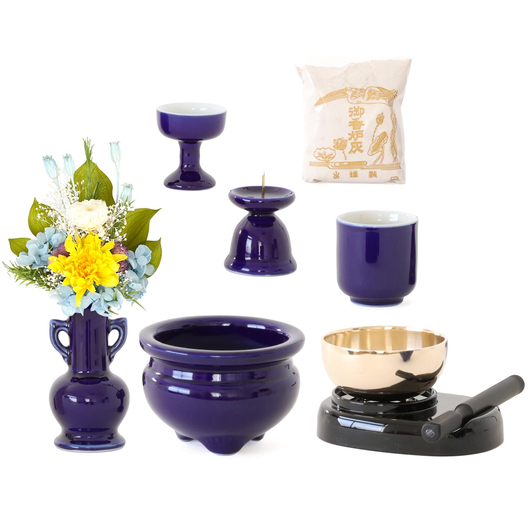 仏具 仏具セット ミニ 陶器5点 瑠璃 ルリ 無地 おりん 3点 香炉灰 選べる2色 プリザーブド仏花付き おしゃれ モダン 国産 日本製 仏壇セット お盆 お墓参り_2
