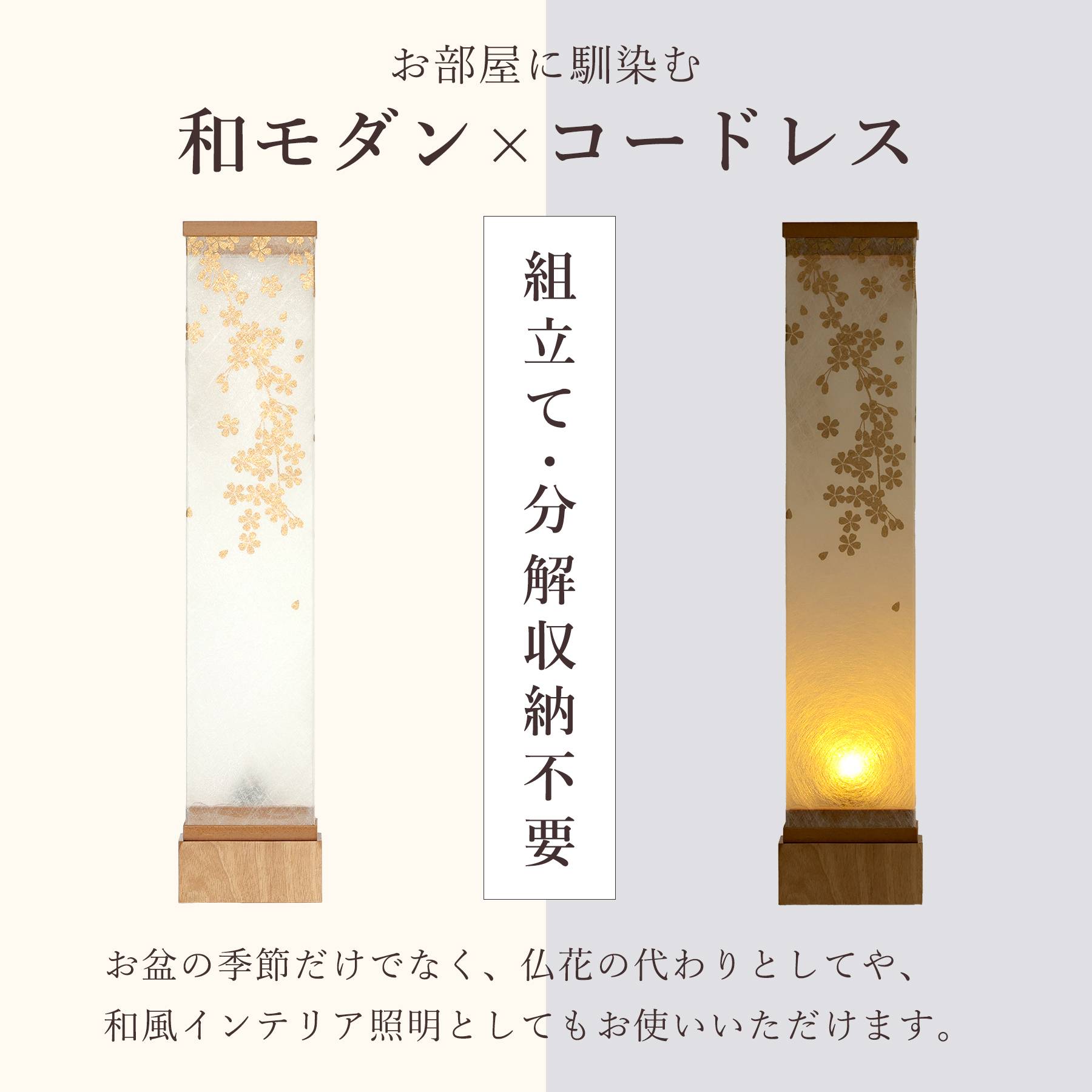 盆提灯 初盆 新盆 モダン 仏具 ちりめん細工 お盆飾りセット 八女・ととのえる燈 シリーズ 金小桜ちらし 小型 コードレス LED (代引き決済不可商品)の画像