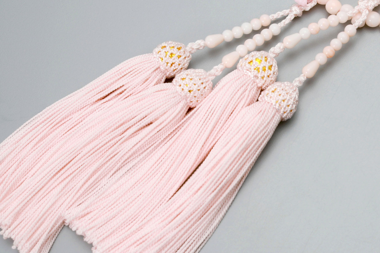 数珠 女性用 二連 京匠の伝統 ピンク珊瑚調 二輪 人絹頭房 八宗用 京 