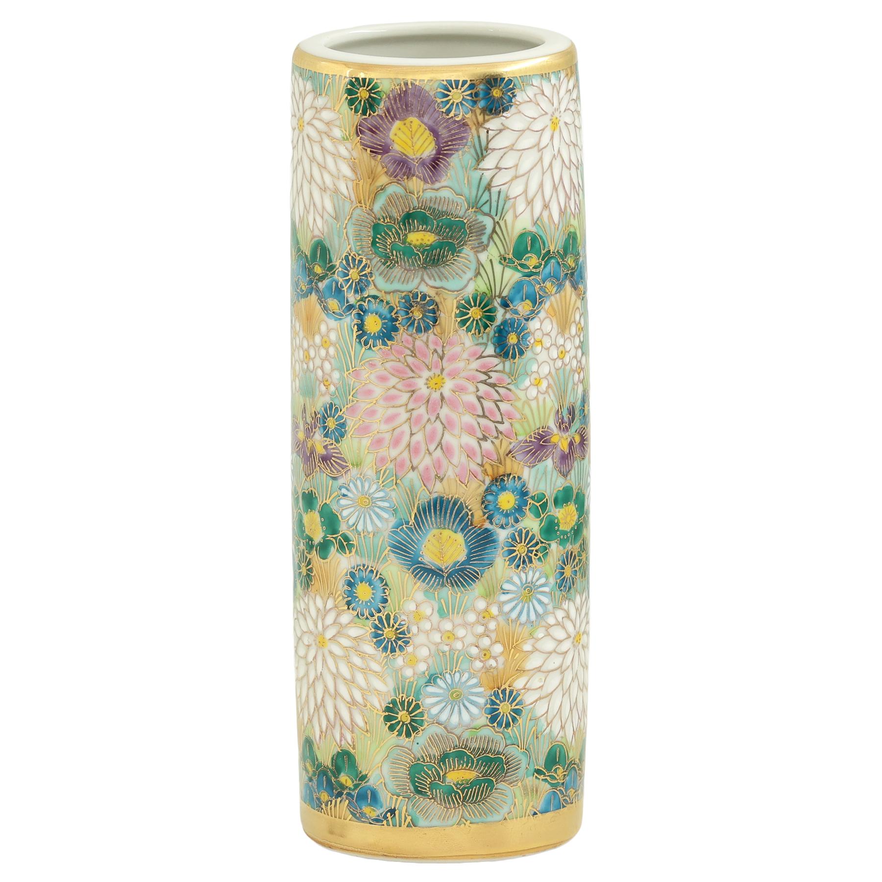 花瓶 花詰 本金 九谷焼 青 6寸 高さ19cm 陶器 日本製 フラワーベース 和風 高級 美しい 花器 化粧紙箱入り 和モダン 1本 単品 -968