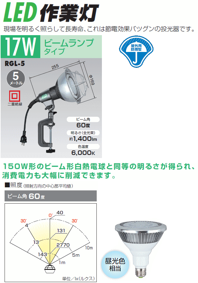 ハタヤ LED作業灯[屋外用] ビームランプタイプ(17W) RGL-5