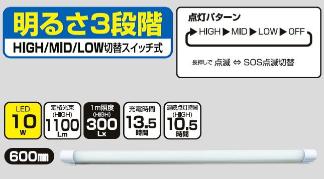 日動工業 充電式LEDチューブライト マグピタチューバー 10W LMT-10W-CH