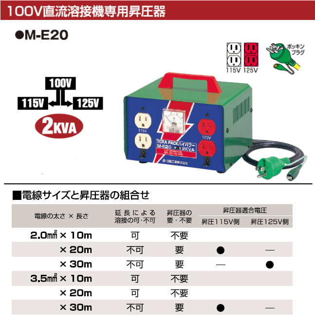 日動工業 昇圧専用トランス M-E20 単相100V→単相115V/125V : nichido