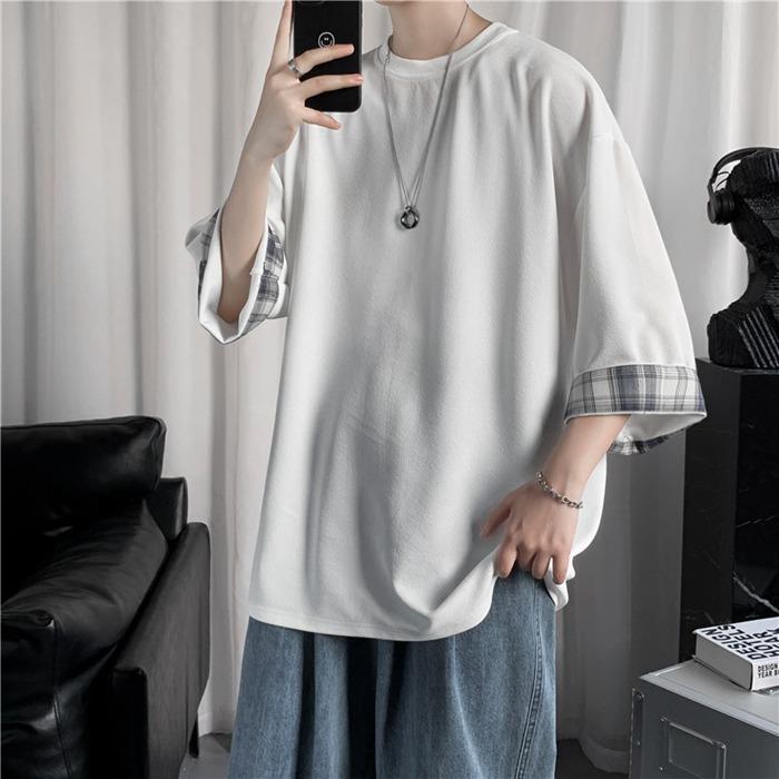 Tシャツ メンズ 七分袖 チェック柄 通気性 夏 吸汗 おしゃれ カジュアル シンプル 速乾 クルーネック 軽量 快適 運動会 文化祭 | ブランド登録なし | 01