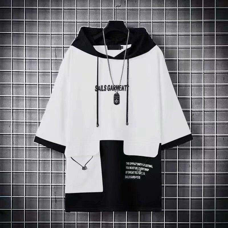 パーカー メンズ 半袖 フード付き Tシャツ レイヤード プルオーバー 半袖パーカー 夏服 ゆったり 通勤 通学 大きいサイズ 体型カバー | ブランド登録なし | 01