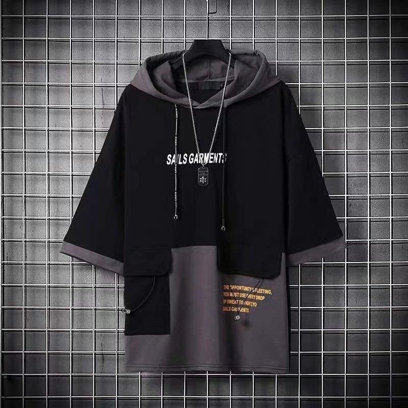 パーカー メンズ 半袖 フード付き Tシャツ レイヤード プルオーバー 半袖パーカー 夏服 ゆったり 通勤 通学 大きいサイズ 体型カバー | ブランド登録なし | 02