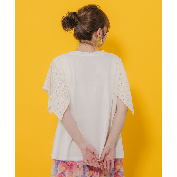 Scolar スカラー レディース トップス 半袖 Tシャツ 薄手 オレンジスカラーちゃん柄 袖レース ガーリー カジュアル 手描き風 ポップ イエロー 152668 ScoLar Scolar スカラー レディース トップス 半袖 Tシャツ 薄手