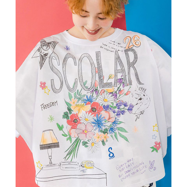 ScoLar スカラー レディース トップス 半袖Tシャツ お花のブーケ 女の子 ねこ プルオーバー ドルマンスリーブ 接触冷感 ラフ ゆったりサイズ えんぴつ画 152685 ScoLar スカラー レディース トップス 半袖 Tシャツ オリオン
