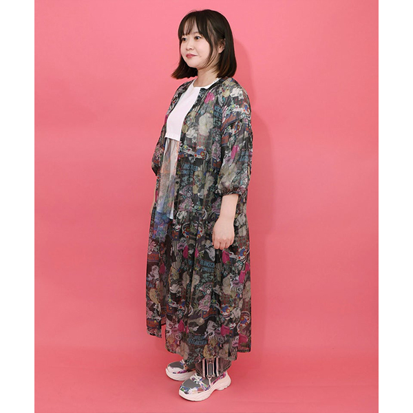 ScoLar（スカラー） ロング丈 長袖 シャツワンピース 花 猫柄 ねこ