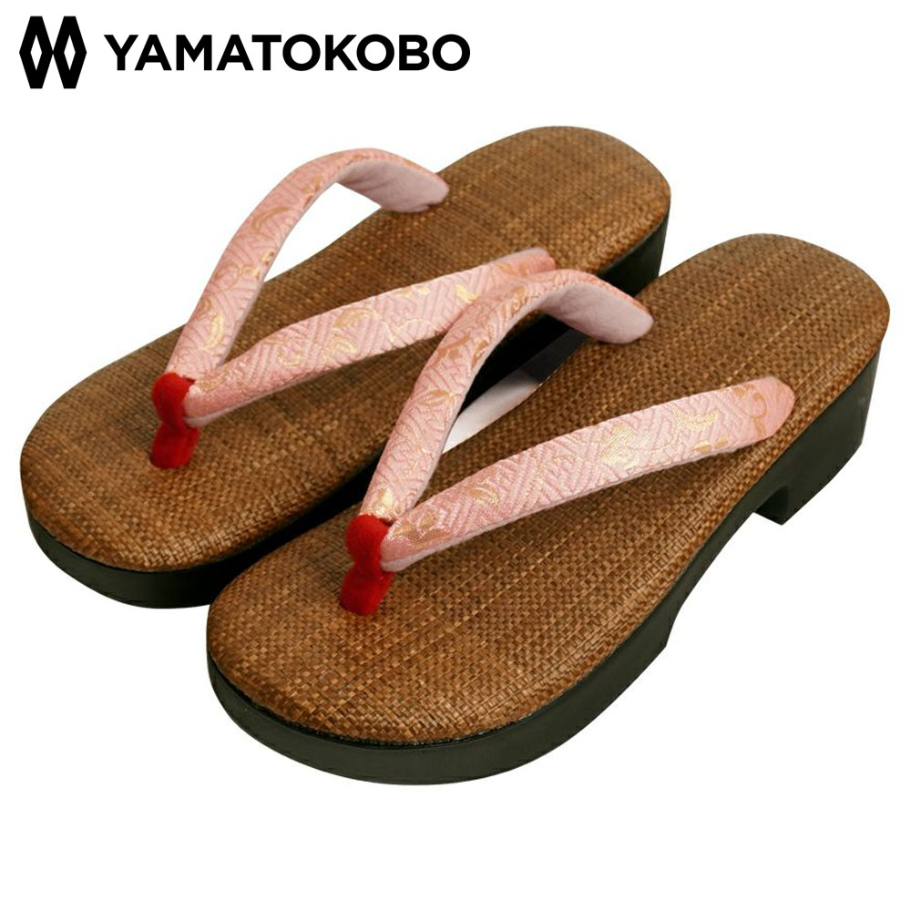 雪駄 ラタンメッシュ焦茶 金襴刺蔦柄模様ピンク 下駄型 レディース R251 ピンク | 大和工房