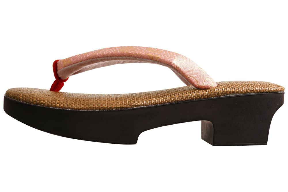 雪駄 ラタンメッシュ焦茶 金襴刺蔦柄模様ピンク 下駄型 レディース R251 ピンク | 大和工房 | 02