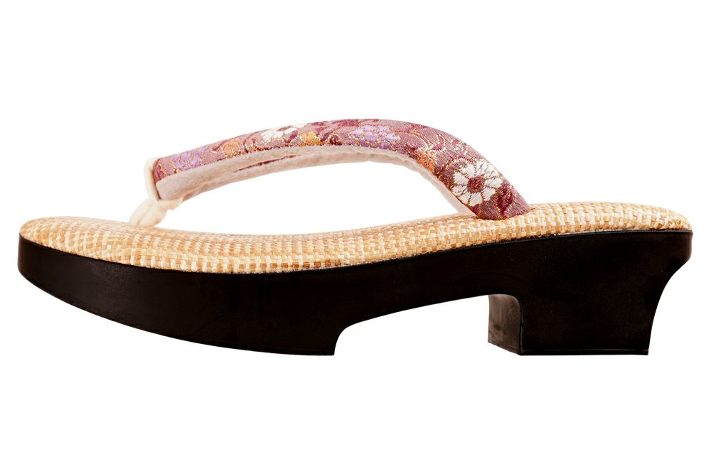 雪駄 ラタンメッシュ生成 金襴刺紫牡丹模様 下駄型 レディース R253 | 大和工房 | 01