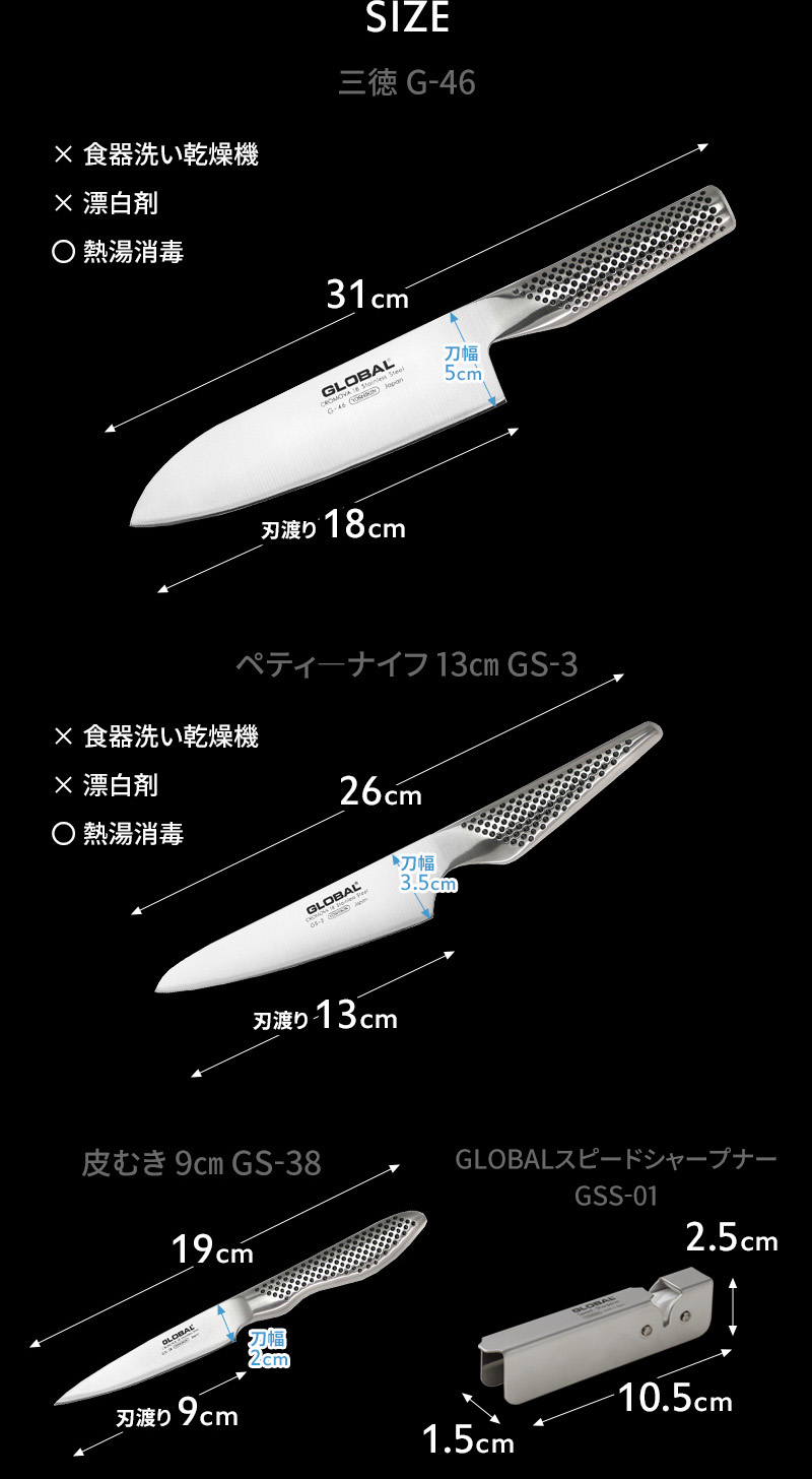 特典付き GLOBAL 三徳4点セット GST-C46 三徳包丁 シャープナー セット SET 包丁 一体型 グローバル 吉田金属工業 YOSHIKIN 日本製｜yamayuu｜15