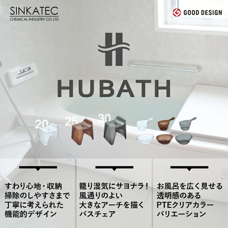 HUBATH ヒューバス クリアバススツールH25 3点セット 座面25cm バスチェア バスボウル ハンドペール 風呂いす 湯おけ 手おけ 洗面器 シンカテック｜yamayuu｜02