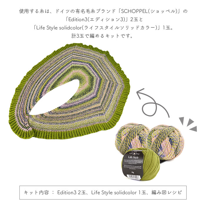 編み物 キット 毛糸 編み図 SCHOPPEL(ショッペル) Edition3とLife Style solidcolorのKinka Shawl(キンカショール) 柳屋 Bernd Kestler(ベルンド・ケストラー) コラボ