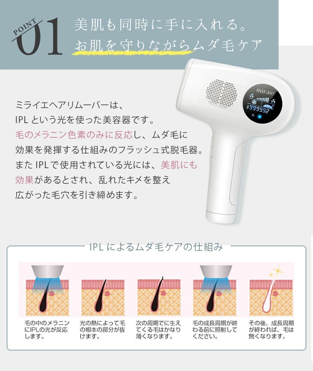 光脱毛器 99万発 光美容器 VIO フラッシュ IPL 家庭用 メンズ ミライエ ヘアリムーバー IPL脱毛器 miraie 脱毛器