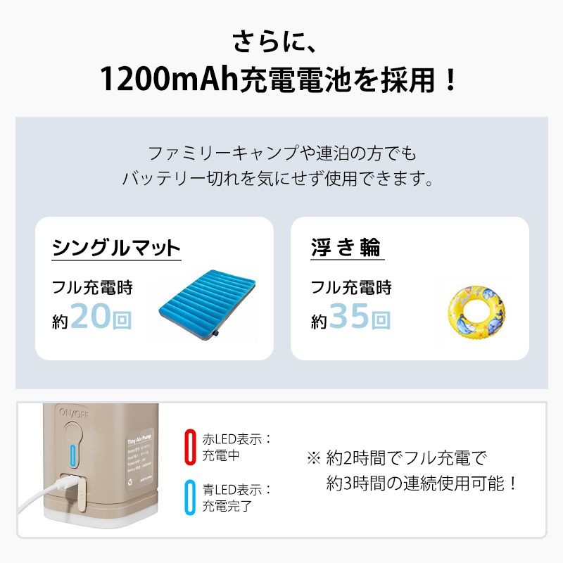電動ポンプ USB 充電式 電動エアーポンプ 電動 1200mAh 照明 LEDライト ポンプ 空気入れ 電池 充電 USB充電 吸気 排気 給気 給排気 対応 簡単 便利