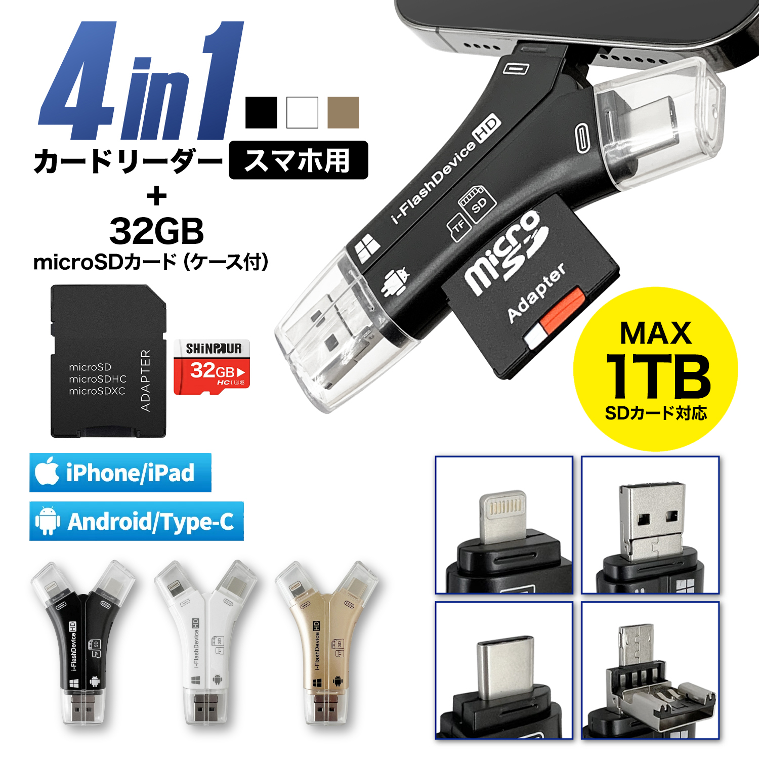 SDカードリーダー 32GB SDカードセット セット販売 iPhone Android スマホ データ転送 データバックアップ 4in1  USBメモリ 写真 保存 データ 日本語取説付