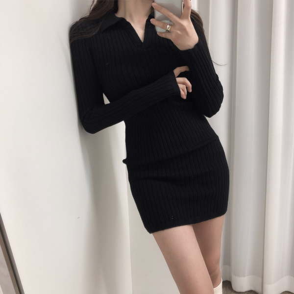 【極美品】JENNE 襟付き タイトリブニットワンピース ニットワンピース タイトワンピース リブニット レディース ポロ襟