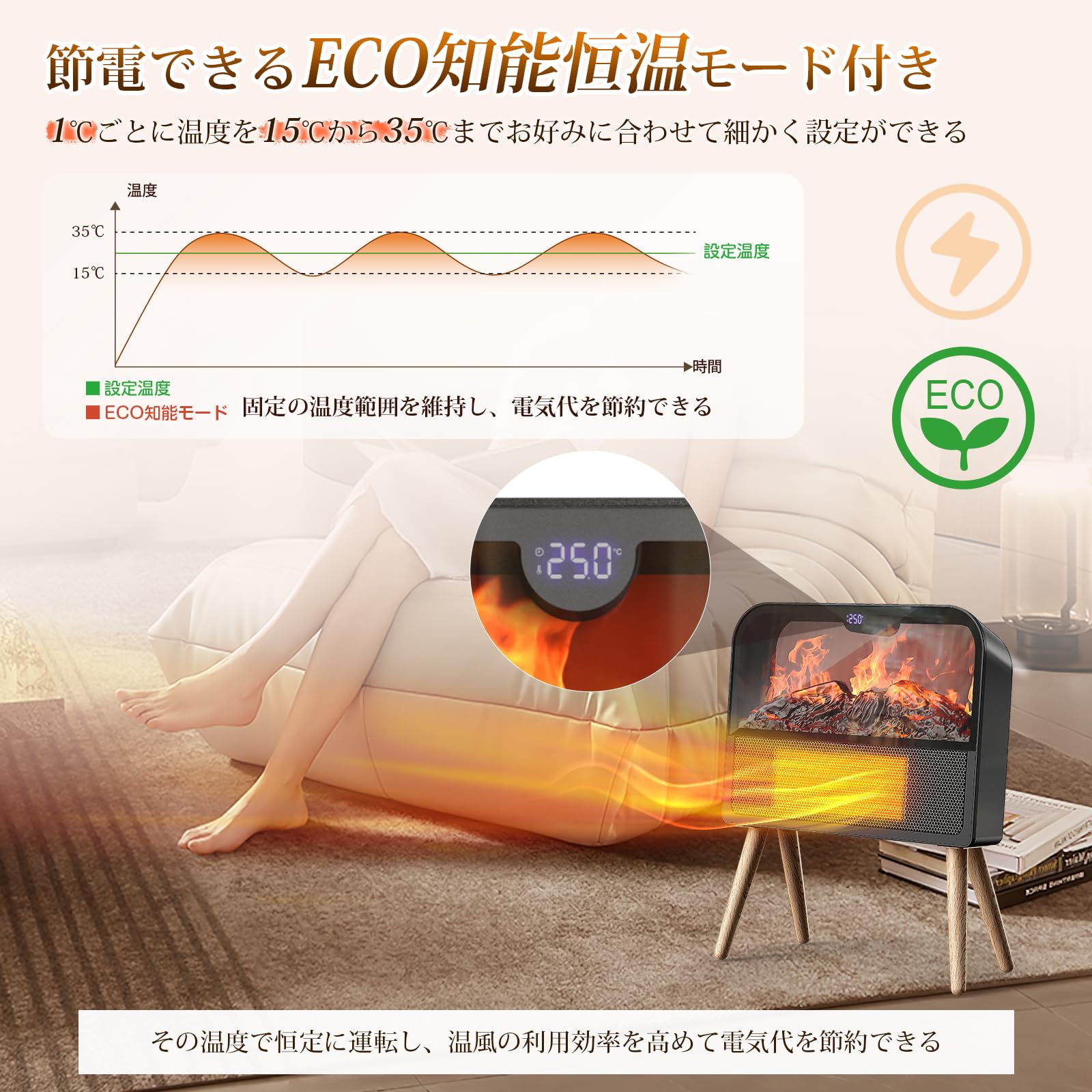 暖炉型 セラミックヒーター 小型 おしゃれ ヒーター 遠隔操作 3
