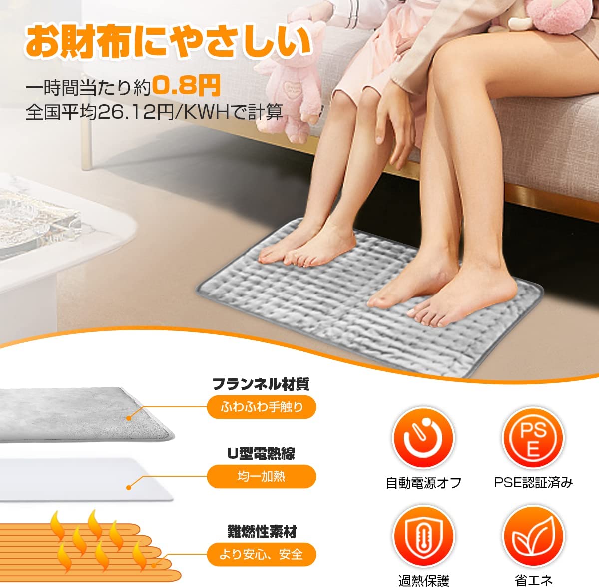 ホットカーペット 60×30cm 6段階温度調節 タイマー機能付き 電気座布団