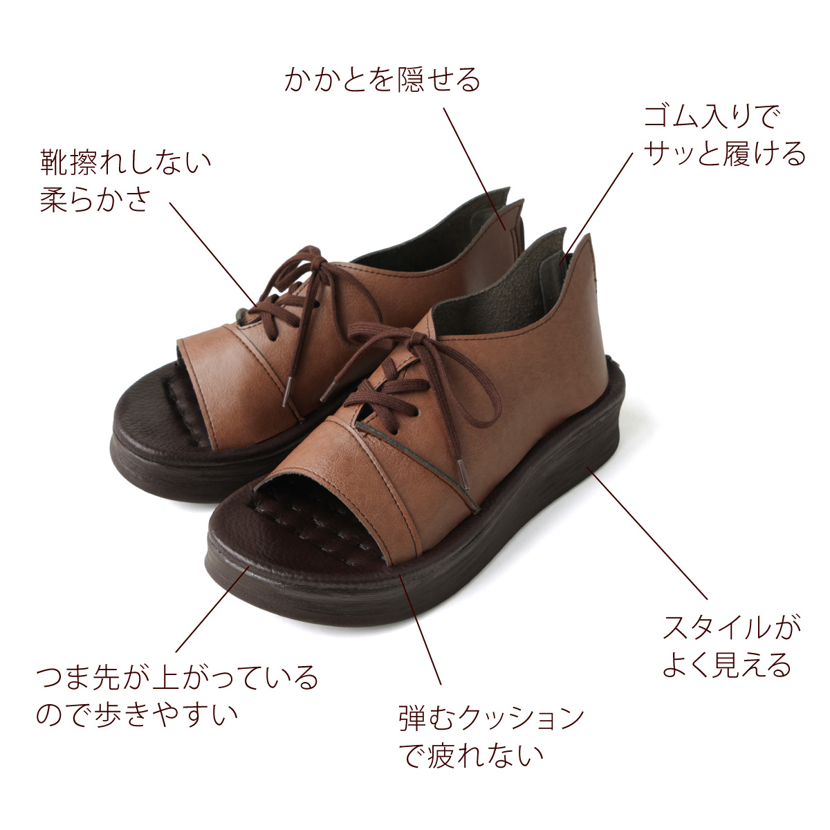 サンダル 厚底 レディース 軽量 疲れない 歩きやすい 外反母趾 痛くない かかとあり レースアップ 編み上げ ゴム入り