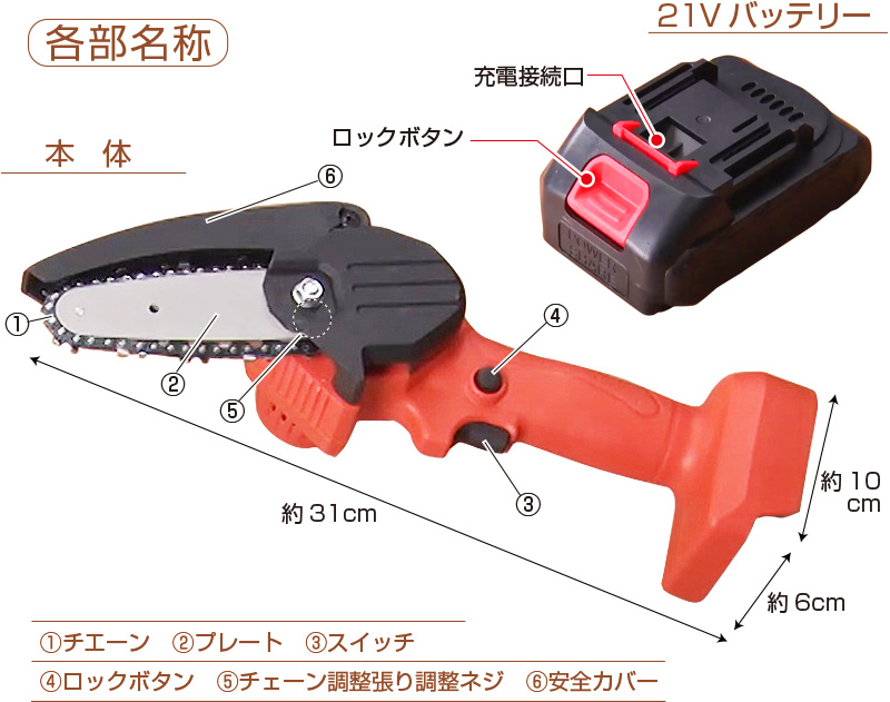 ファミラ 充電式 ハンディーチェーンソー LEDライト付き 6点セット 21V