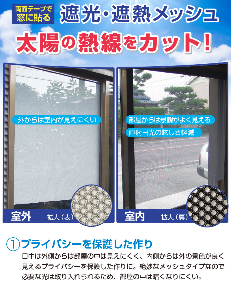 マイナス5度の遮熱効果・遮光・遮光メッシュシート（両面テープ貼り）　2枚組