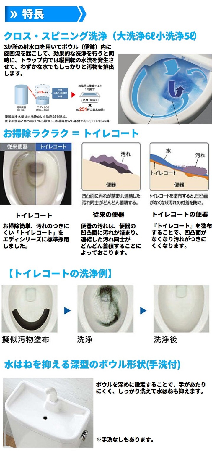 アサヒ衛陶 EDDY868 トイレ 便器セット 壁排水148mm 手洗い有無選択可