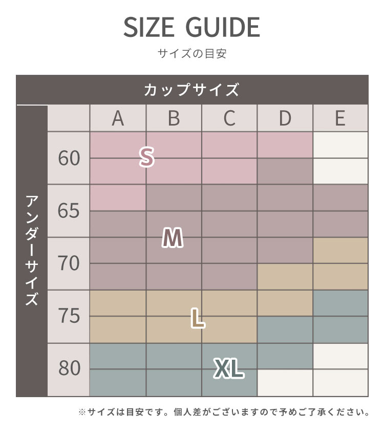 S M L XL対応のナイトブラサイズガイド