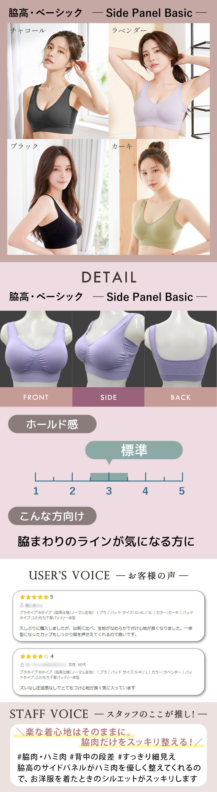 ラクブラ24脇高ベーシックの4色展開と脇まわりを整える設計紹介