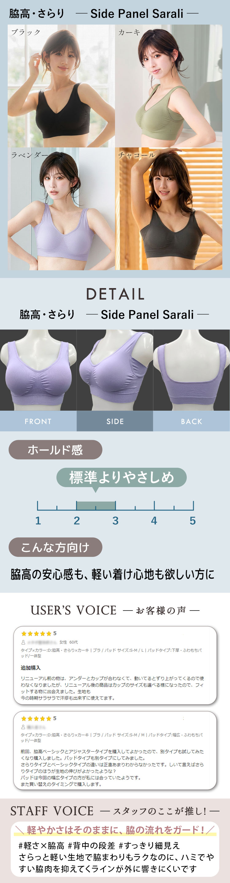 ラクブラ24脇高さらりの4色展開と軽い着け心地の脇高設計紹介