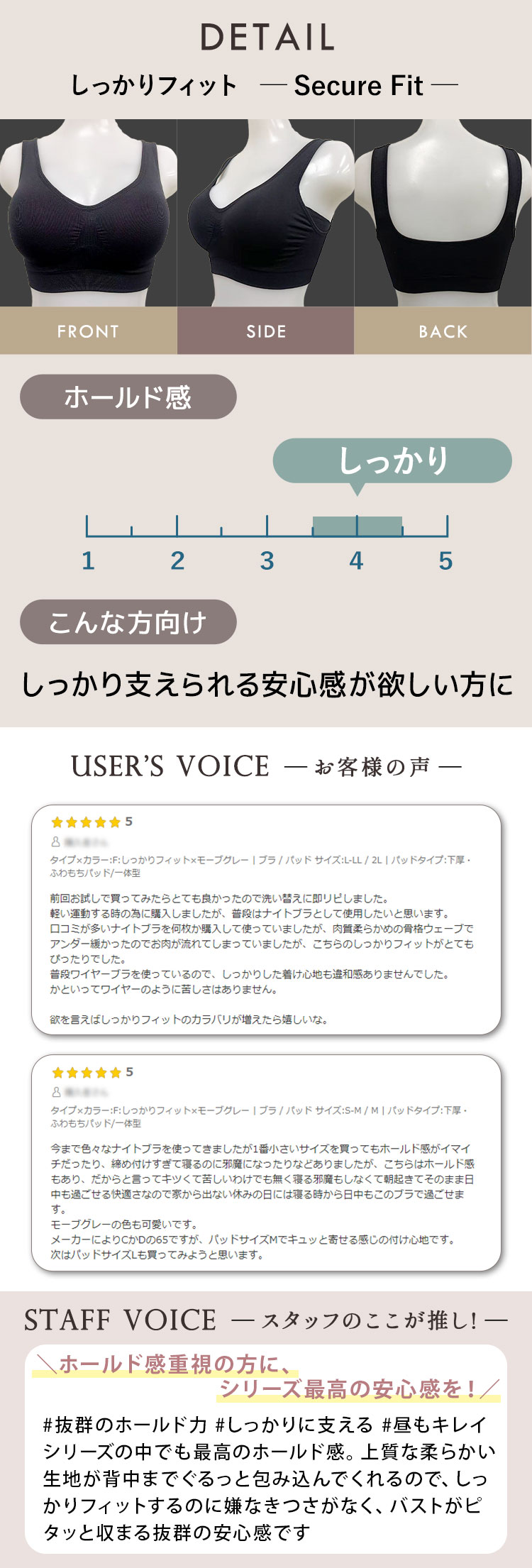ラクブラ24しっかりフィットの前後ディテールと強めのホールド感