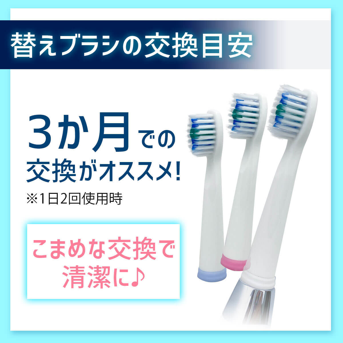 替えブラシの交換目安、3か月での交換がオススメ（※1日2回使用時）