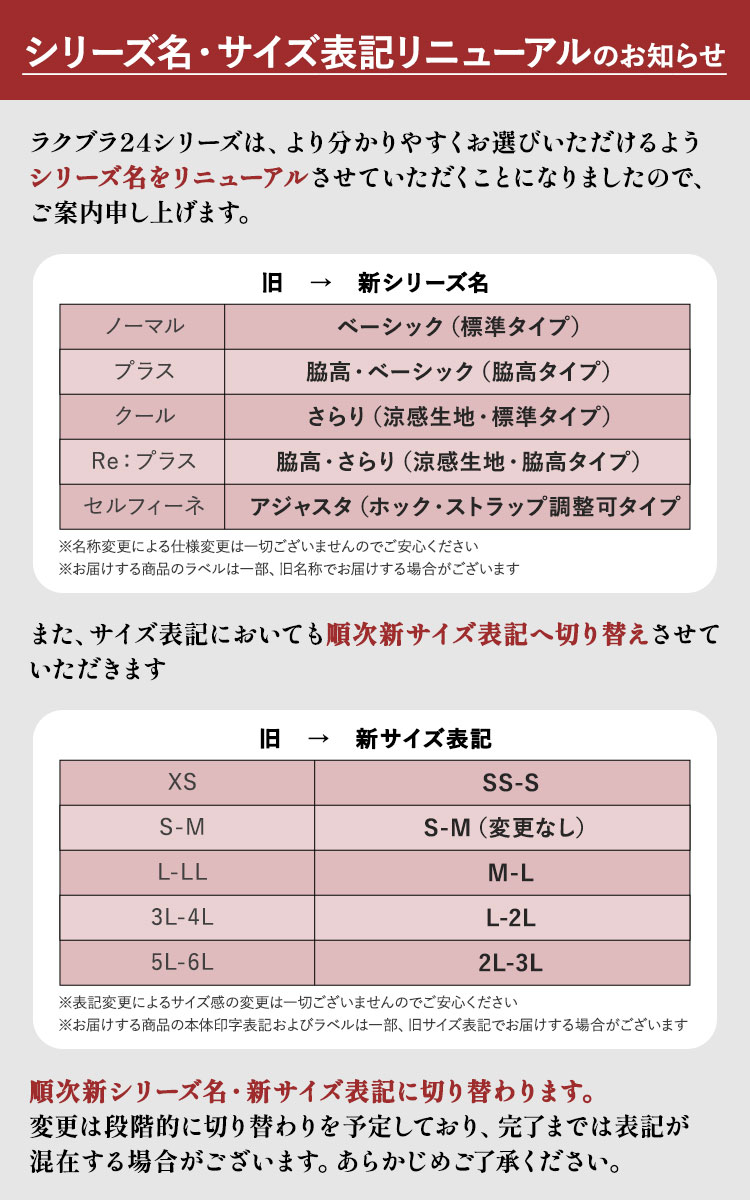 ラクブラ24の新シリーズ名と新サイズ表記への変更についての案内