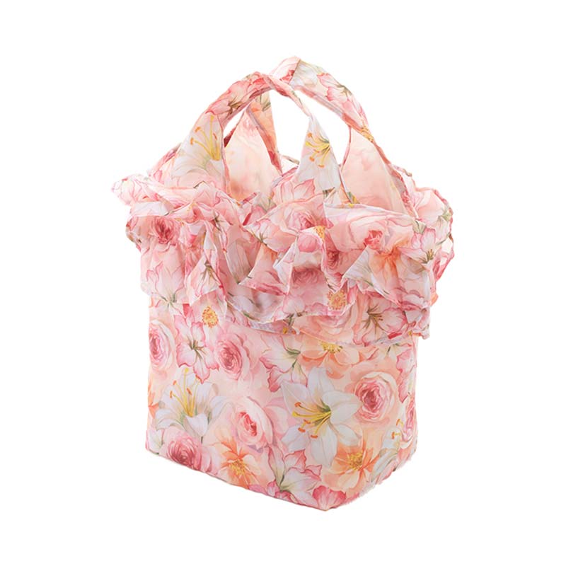フリル付き花柄バッグ2個セット フリルバッグ エコバッグ コンパクト おしゃれ 折りたたみ 買物バッグ