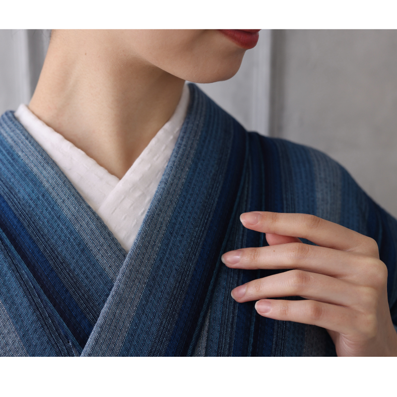 洗える着物 阿波しじら お仕立て代込み 紺水色縦縞