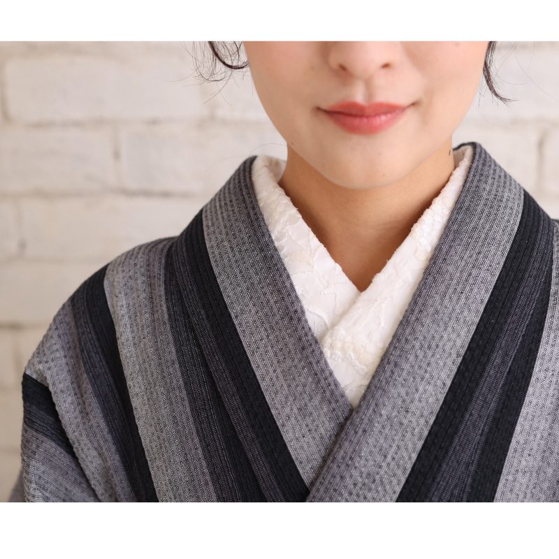 洗える着物 阿波しじら 源氏鼠の濃淡鰹縞 お仕立て代込み 13m 女性用 しじら織 夏着物 木綿 お仕立て フルオーダー 普段着 浴衣 和装 日本製 No.A8 レディ―スの画像