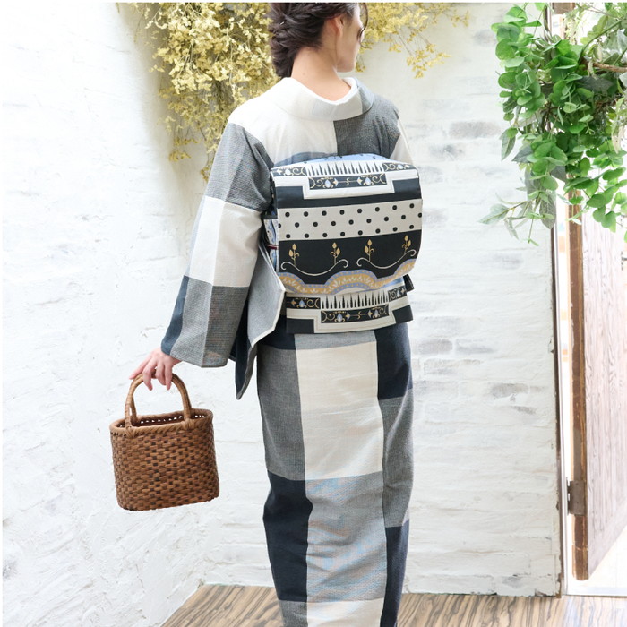 洗える着物 阿波しじら 白と濃淡紺のパズルチェック《お仕立て代込み》しじら織 夏着物 木綿 ブロックチェック 格子 浴衣 日本製 オリジナル No.H50 レディ―ス