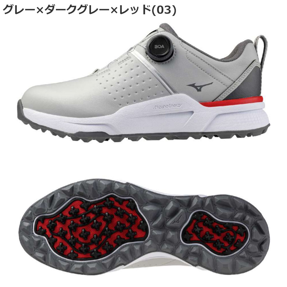 【即納可能】ミズノ ハザードエナジー ボア ゴルフ シューズ メンズ 51GQ2501 03 グレー×ダークグレー×レッド 4E相当 スパイクレス BOA 幅広 防水 2025年モデル MIZUNO MIZUNO（ミズノ） ハザードエナジー ボア ゴルフ シューズ メンズ