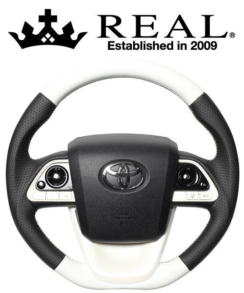 REAL STEERING プレミアムシリーズ トヨタ MIRAI ミライ JPD10用 ホワイト＆ブラックナッパオールレザー 50P-LPB-WH | REAL（車）