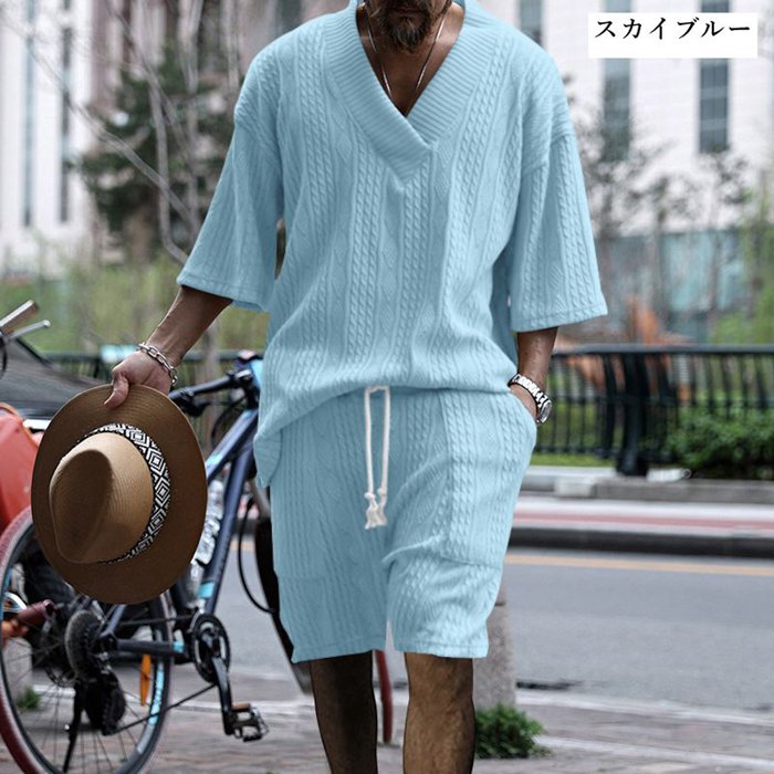 ✨完売品✨ WAAC メンズ サマーニットポロ サックスブルー Mサイズ サマーニット メンズ 半袖 50代 サマーセーター 夏 夏用