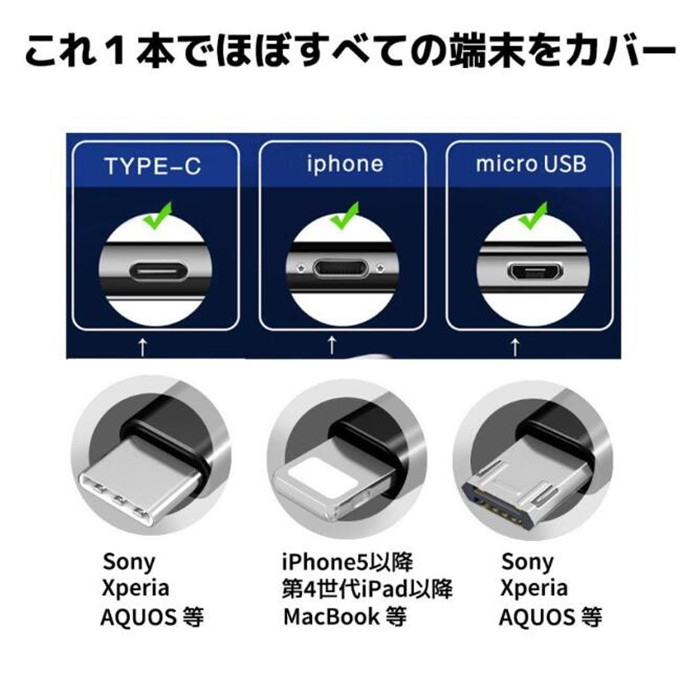 充電ケーブル 3in1 iPhone ライトニング lightning Android スマホ type-C microUSB 巻き取り USB両面挿入 |  | 08