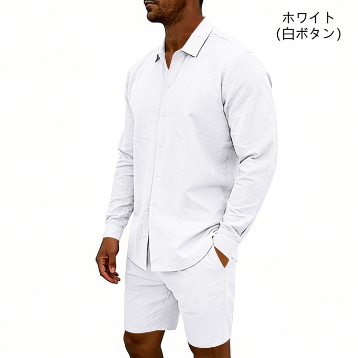 【ピン】美品 セットアップ モックネック ハーフパンツ Lサイズ メンズ 夏 セットアップ メンズ ポイント5倍 麻混 上下セット シャツ 長袖