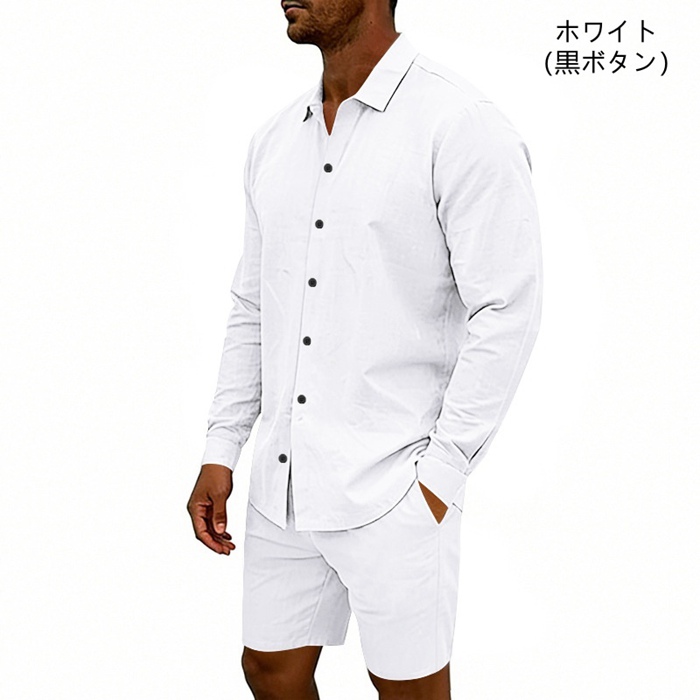 夏 セットアップ メンズ 麻混 上下セット シャツ 長袖 ハーフパンツ